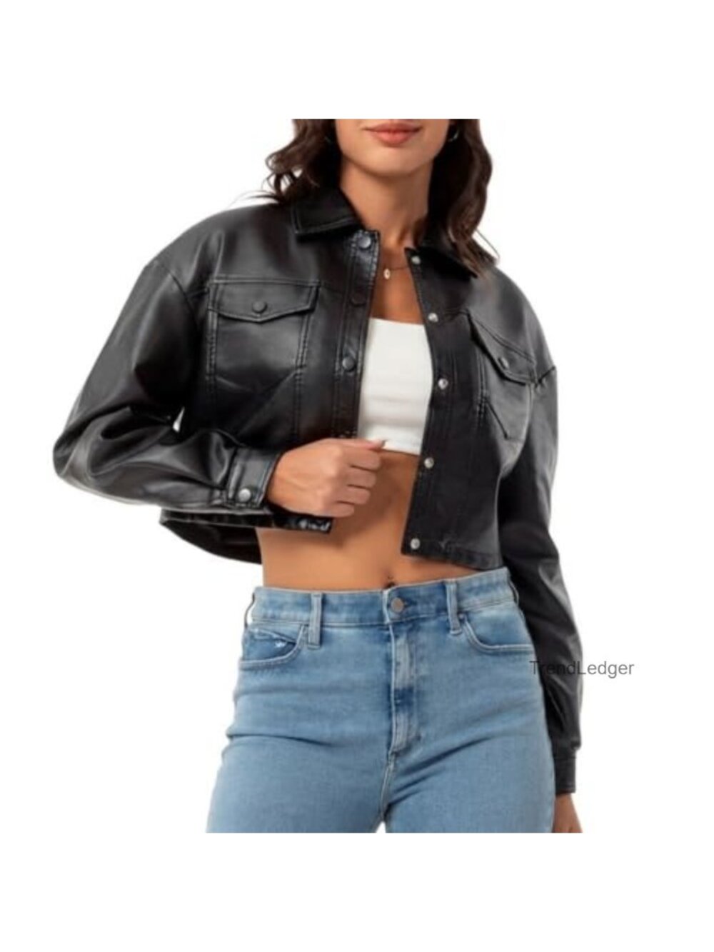 Faux Leather Cropped Moto Biker Jacket Button Down Party Coat